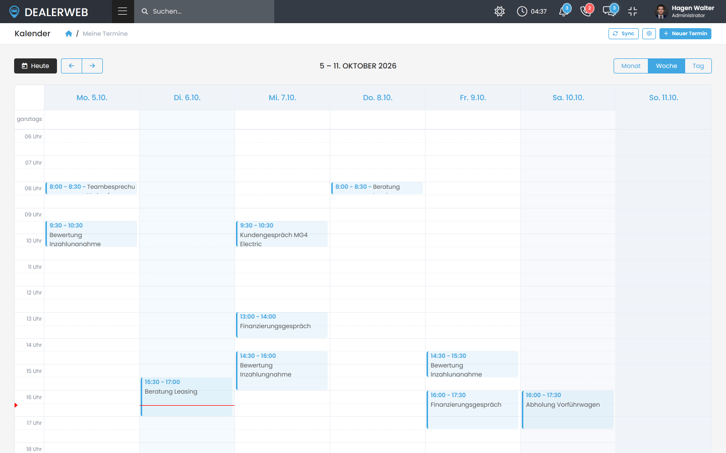 Kalender in der Wochenansicht mit Teambesprechung, Fahrzeugübergaben, Beratungen und weiteren Kundenterminen