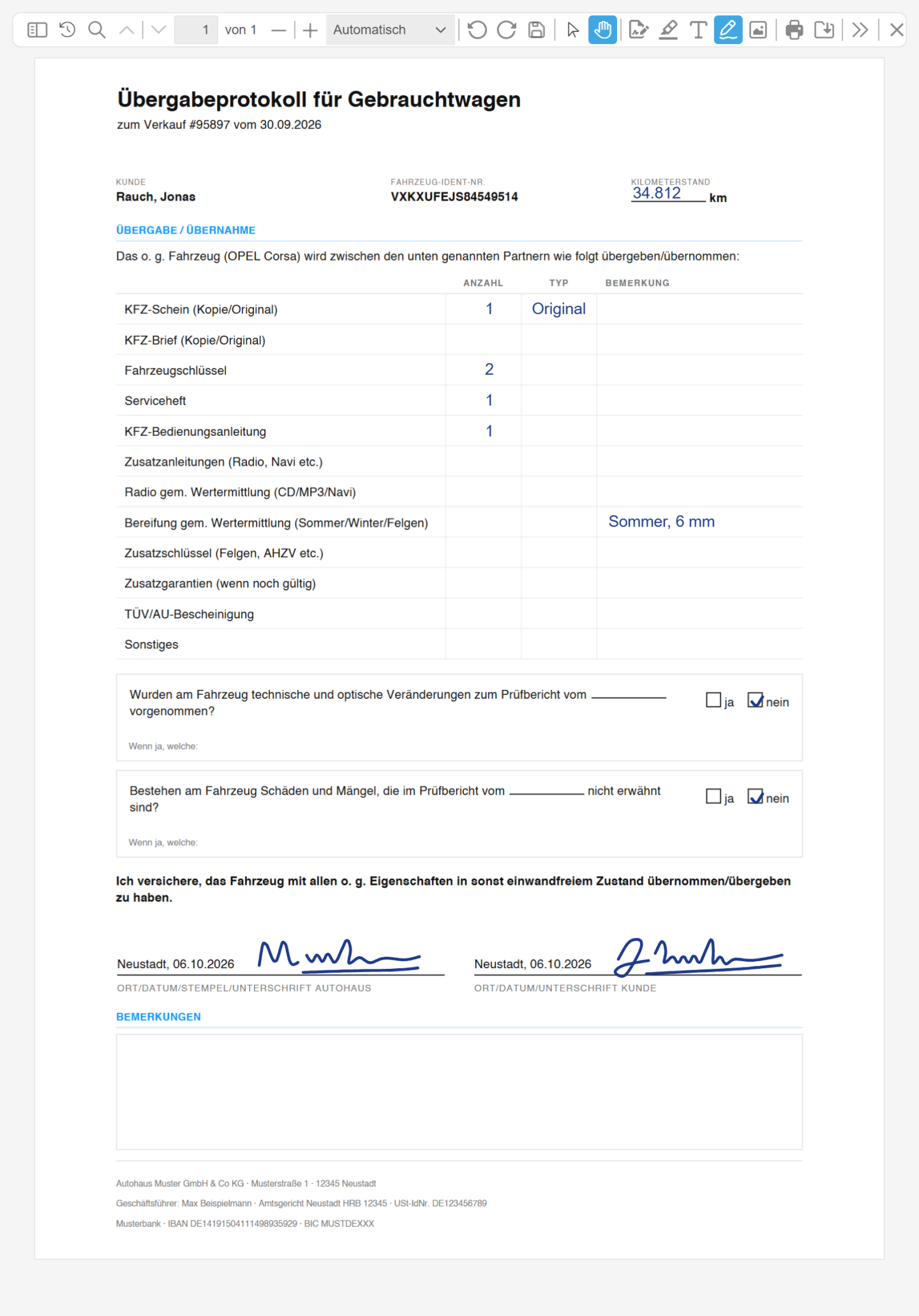 Übergabeprotokoll im PDF-Editor von DealerWeb auf dem Tablet, ausgefüllt und unterschrieben
