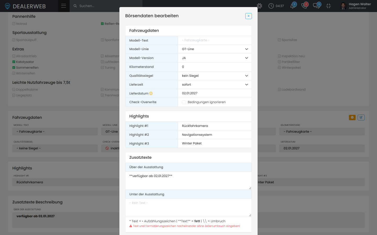 Fenster Börsendaten bearbeiten eines Fahrzeugs mit Modell-Linie, Modell-Version, Lieferzeit, Lieferdatum, Highlights und Zusatztext