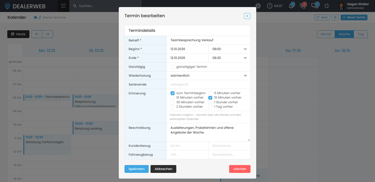 Fenster „Termin bearbeiten“ einer wöchentlichen Teambesprechung mit Wiederholung, zwei Erinnerungen und Beschreibung