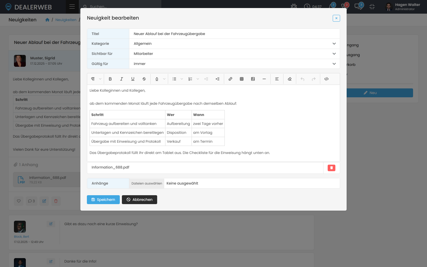 Eine Neuigkeit im Editor mit Titel, Kategorie, Rang, einer Tabelle im Text und dem Anhang