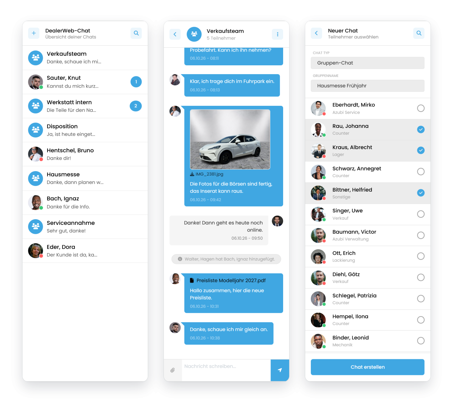 Drei Ansichten des Chats in DealerWeb: die Übersicht mit ungelesenen Nachrichten, ein Gruppen-Chat mit Foto und PDF und ein neuer Gruppen-Chat mit ausgewählten Teilnehmern.